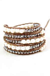 Marilyn - Freshwater Pearl and Crystal Mix Leather Wrap Bracelet