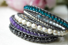 Load image into Gallery viewer, Rain - Turquoise Purple and Freshwater Pearl Mix Leather Wrap Bracelet
