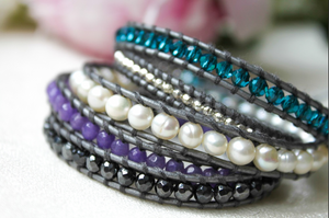 Rain - Turquoise Purple and Freshwater Pearl Mix Leather Wrap Bracelet