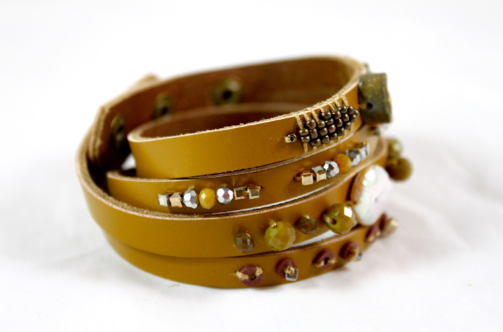 Yellow Green Beaded Leather Wrap Bracelet - B1-849