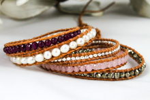 Load image into Gallery viewer, Venus - Pinks and Pearls Leather Wrap Bracelet
