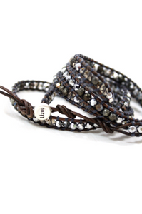 Owl - Pyrite and Mirror Dipped Crystal Mix Leather Wrap Bracelet