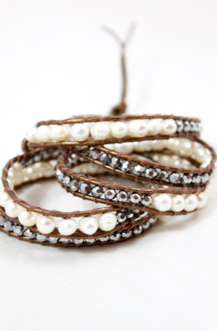 Marilyn - Freshwater Pearl and Crystal Mix Leather Wrap Bracelet