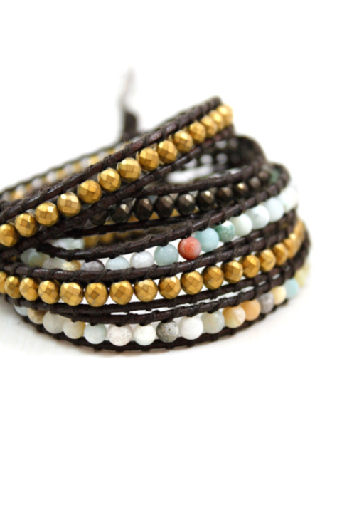 Santiago - Amazonite Mix Leather Wrap Bracelet