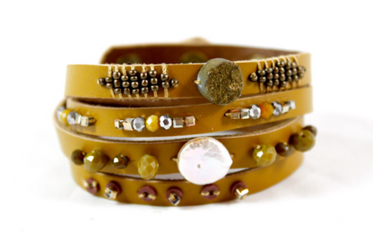 Yellow Green Beaded Leather Wrap Bracelet - B1-849