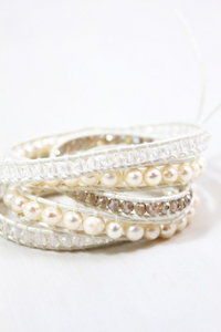 Vail - All White Pearl Mix Leather Wrap Bracelet