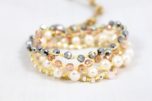 WR5-LotusHand Knotted Convertible Crochet Bracelet or Necklace, Crystals and Pearls Mix -