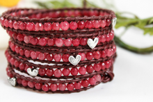 Load image into Gallery viewer, Valentine - Cherry Quartz and Silver Hearts Leather Wrap Bracelet
