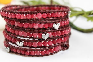 Valentine - Cherry Quartz and Silver Hearts Leather Wrap Bracelet