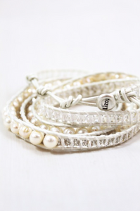 Vail - All White Pearl Mix Leather Wrap Bracelet