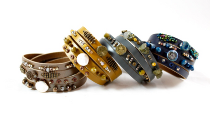 Yellow Green Beaded Leather Wrap Bracelet - B1-849