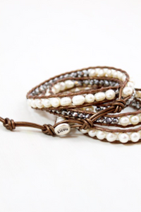 Marilyn - Freshwater Pearl and Crystal Mix Leather Wrap Bracelet