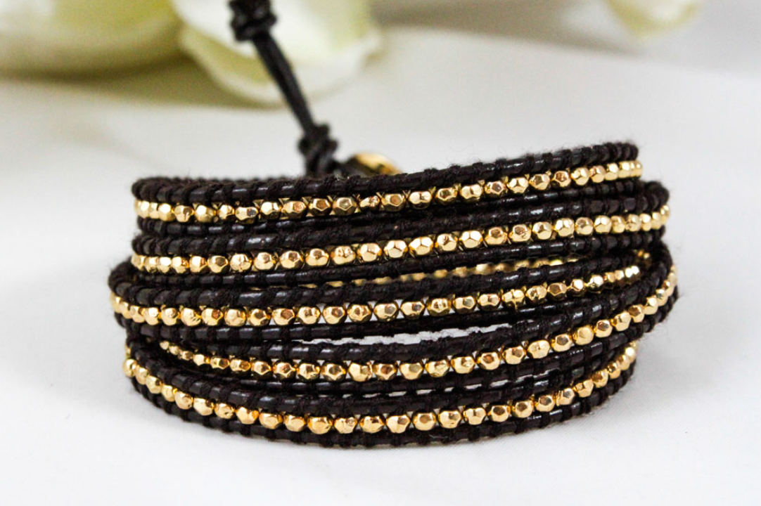 Tiger - 24K Gold Plate Brown Leather Wrap Bracelet