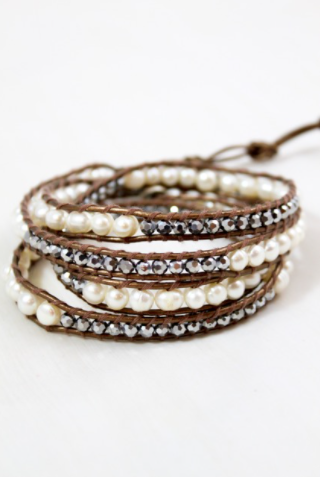 Marilyn - Freshwater Pearl and Crystal Mix Leather Wrap Bracelet