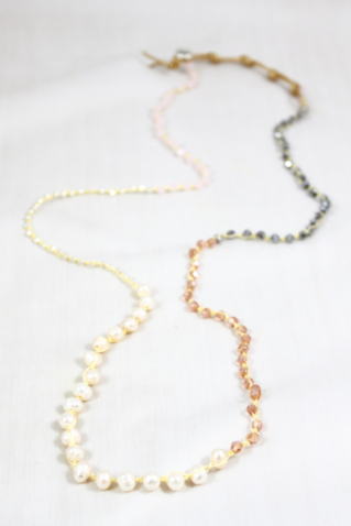 WR5-LotusHand Knotted Convertible Crochet Bracelet or Necklace, Crystals and Pearls Mix -