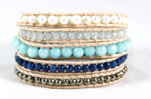 Lyra - Freshwater Pearl and Blue Mix Leather Wrap Bracelet