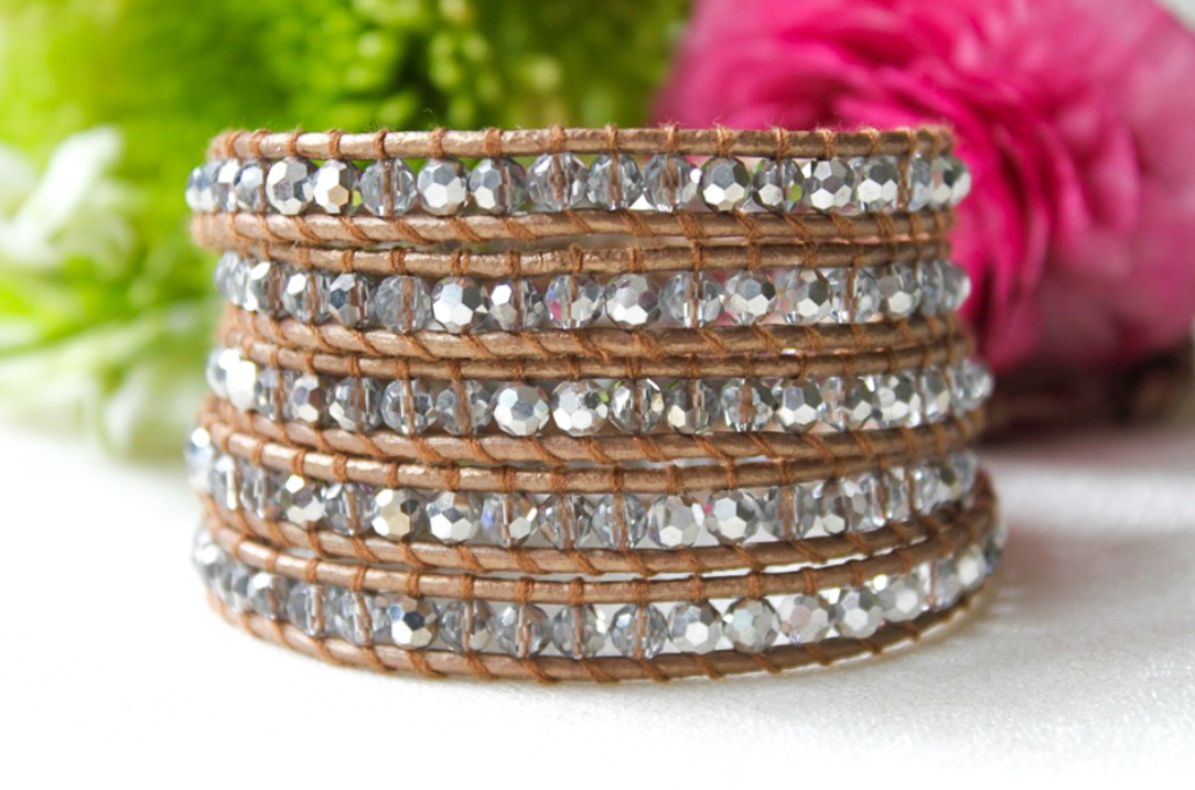 Silver - Crystal and Leather Wrap Bracelet