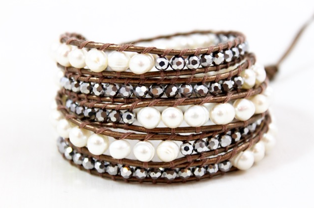 Marilyn - Freshwater Pearl and Crystal Mix Leather Wrap Bracelet