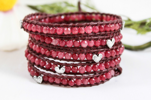 Valentine - Cherry Quartz and Silver Hearts Leather Wrap Bracelet