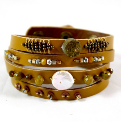Yellow Green Beaded Leather Wrap Bracelet - B1-849