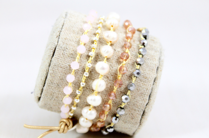 WR5-LotusHand Knotted Convertible Crochet Bracelet or Necklace, Crystals and Pearls Mix -