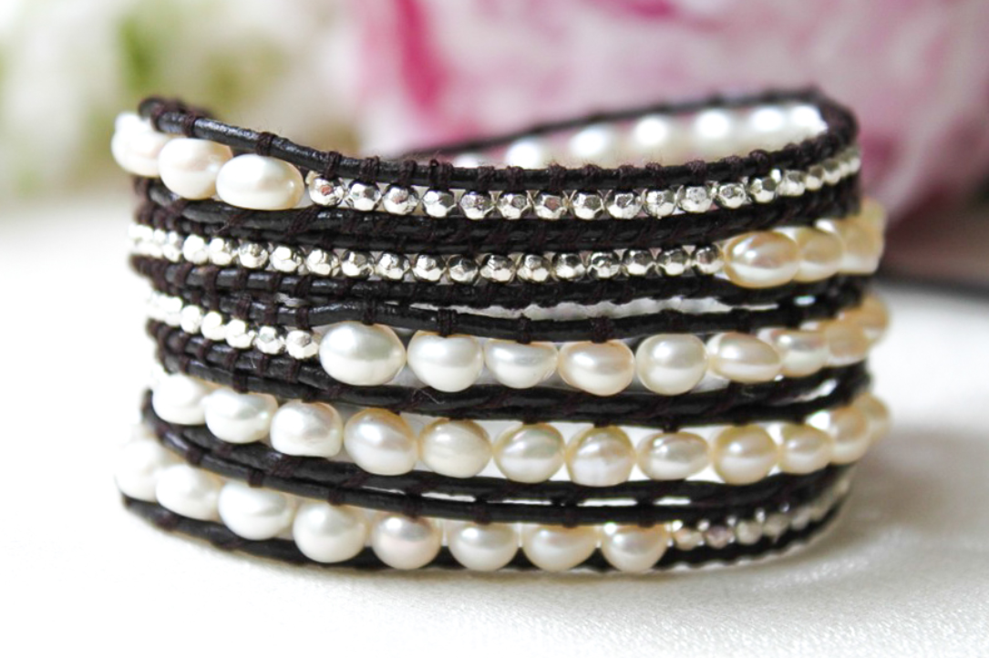 Siberia - White Freshwater Pearl Mix Leather Wrap Bracelet