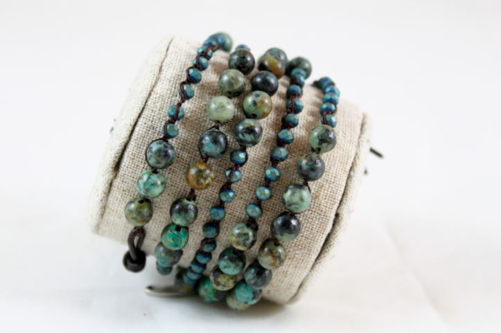 Hand Knotted Convertible Crochet Bracelet or Necklace, Crystals and African Turquoise Mix - WR5-Cypress