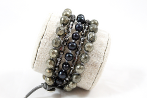 Hand Knotted Convertible Crochet Bracelet or Necklace, Pearls and Pyrite Mix - WR5-Midnight