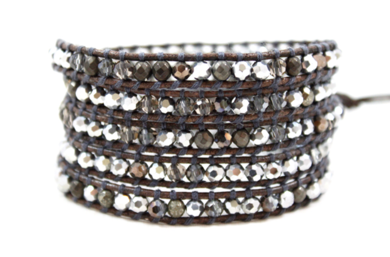 Owl - Pyrite and Mirror Dipped Crystal Mix Leather Wrap Bracelet
