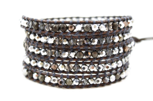 Owl - Pyrite and Mirror Dipped Crystal Mix Leather Wrap Bracelet