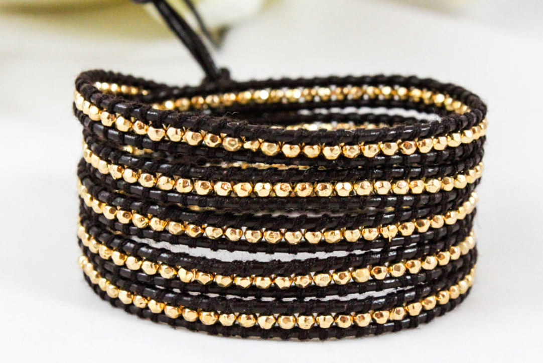 Tiger - 24K Gold Plate Brown Leather Wrap Bracelet
