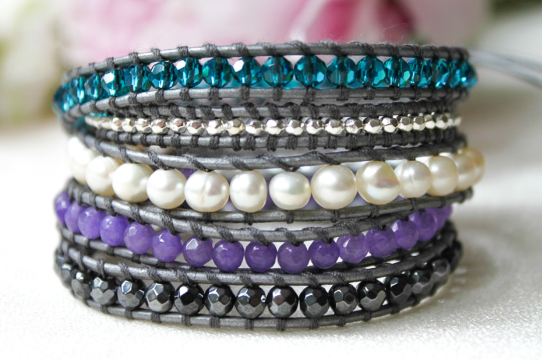 Rain - Turquoise Purple and Freshwater Pearl Mix Leather Wrap Bracelet