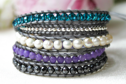 Rain - Turquoise Purple and Freshwater Pearl Mix Leather Wrap Bracelet