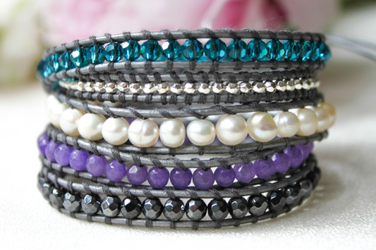 Rain - Turquoise Purple and Freshwater Pearl Mix Leather Wrap Bracelet