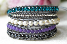 Load image into Gallery viewer, Rain - Turquoise Purple and Freshwater Pearl Mix Leather Wrap Bracelet
