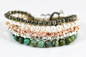 Semi Precious Stone, Freshwater Pearl and Metal Luxury Stack Bracelet - -Birch