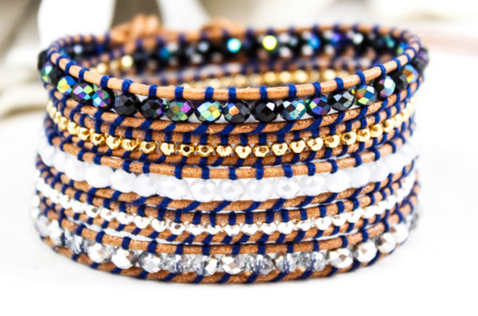 Blizzard - Stone and Crystal Mix Leather Wrap Bracelet