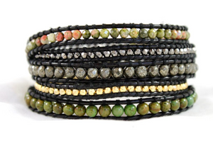 Sencha - Dark Stone Mix Leather Wrap Bracelet