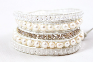 Vail - All White Pearl Mix Leather Wrap Bracelet