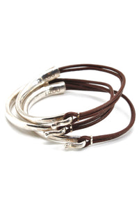 Brown Leather + Sterling Silver Plate Bangle Bracelet