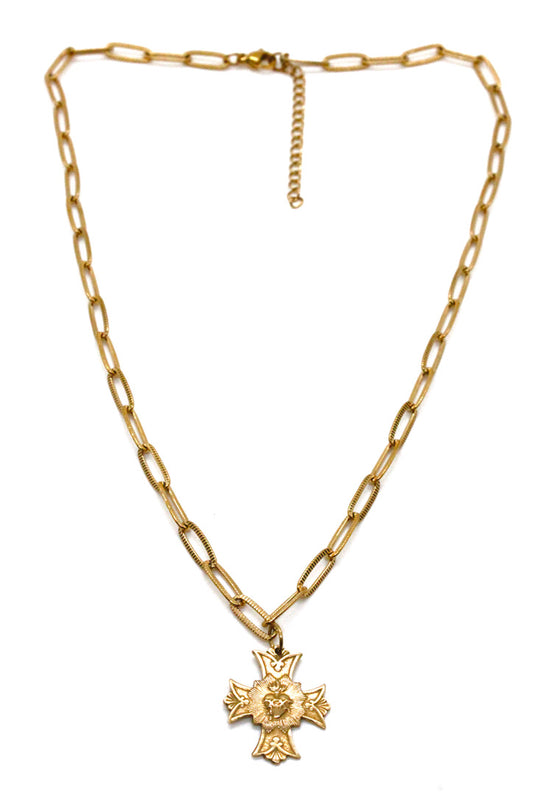 Detailed Cross and Heart French Religious Charm on Gold Short Chain Necklace -French Medals Collection- N6-016