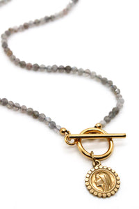 Faceted Labradorite Short Necklace with Delicate Small French Religious Gold Charm -French Medals Collection- N6-021