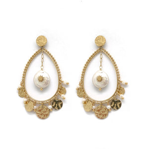 Gold Charm Dangle Earrings with White Freshwater Pearl -French Flair Collection- E4-007