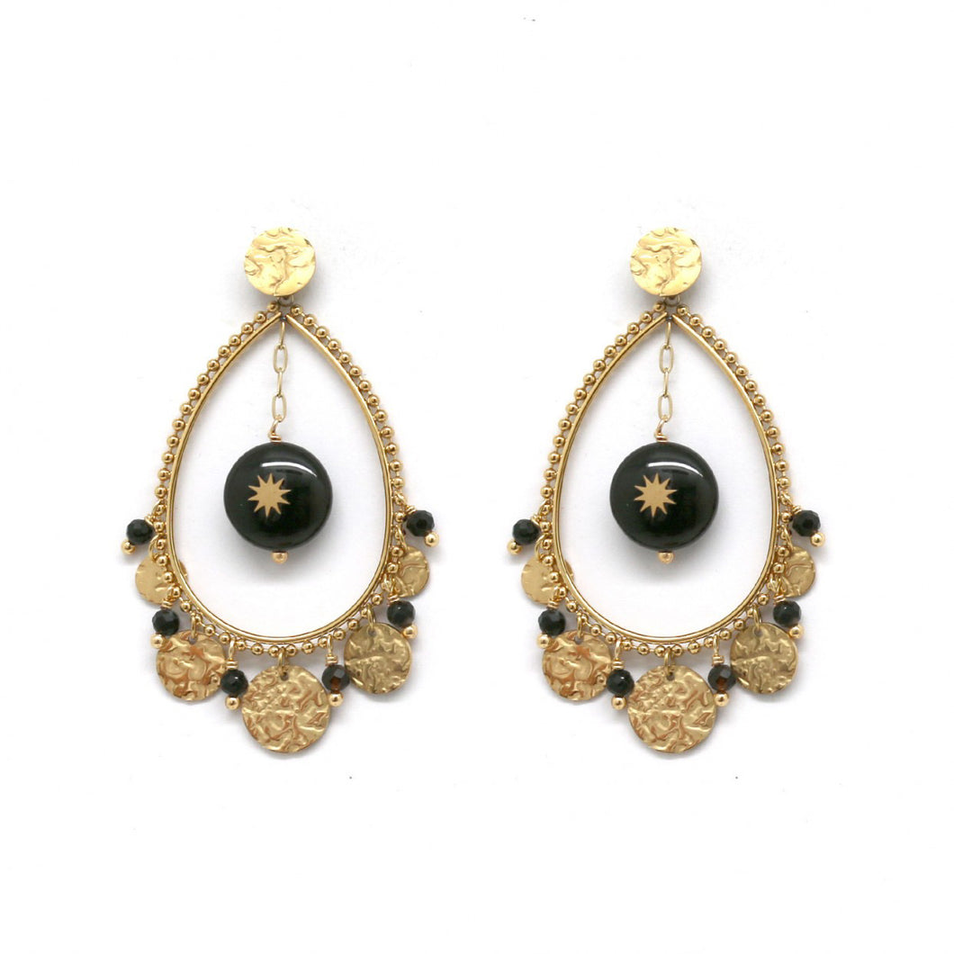 Gold Charm Dangle Earrings with Onyx Stone -French Flair Collection- E4-008