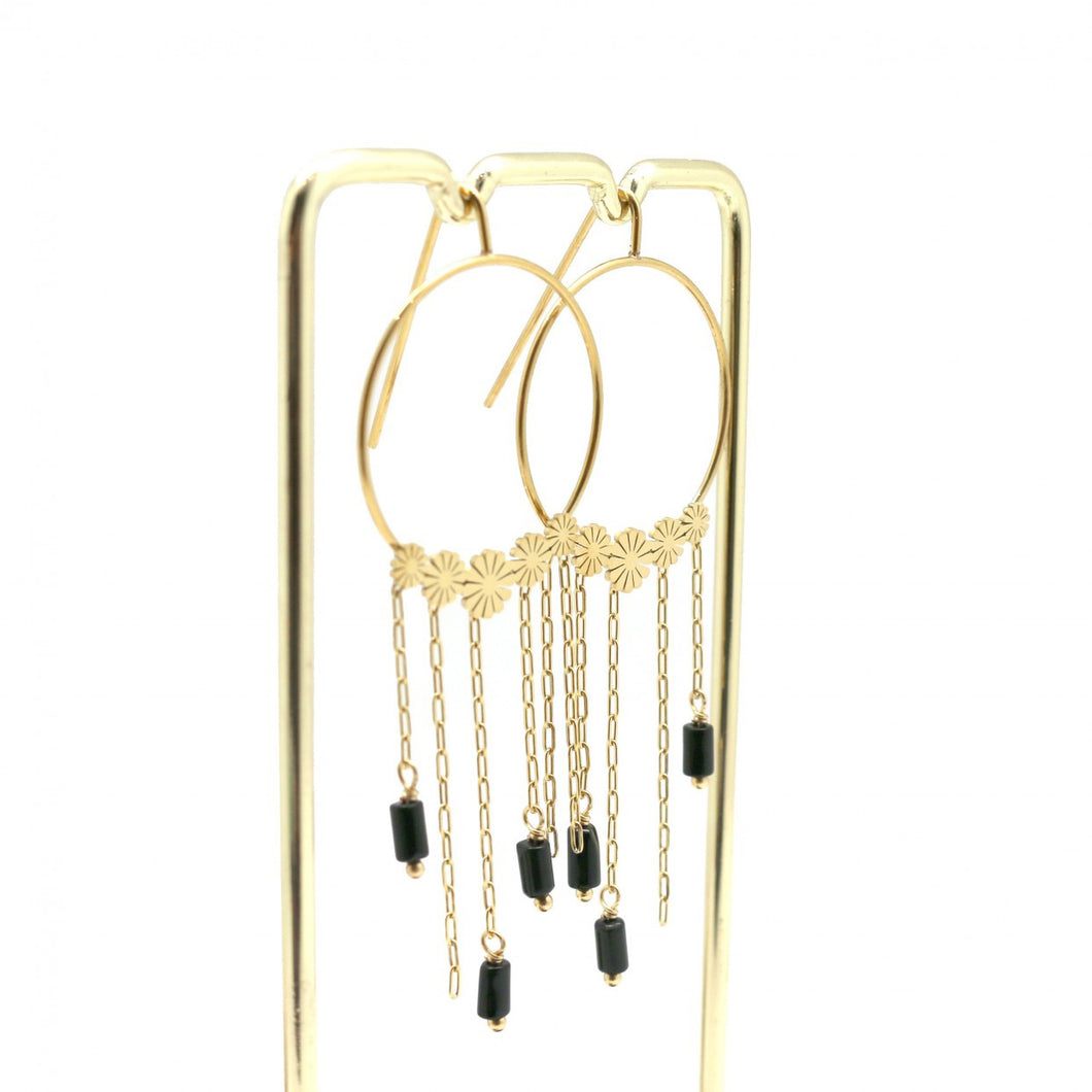 24K Gold Plated Circle Earrings with Onyx Beads -French Flair Collection- E4-029
