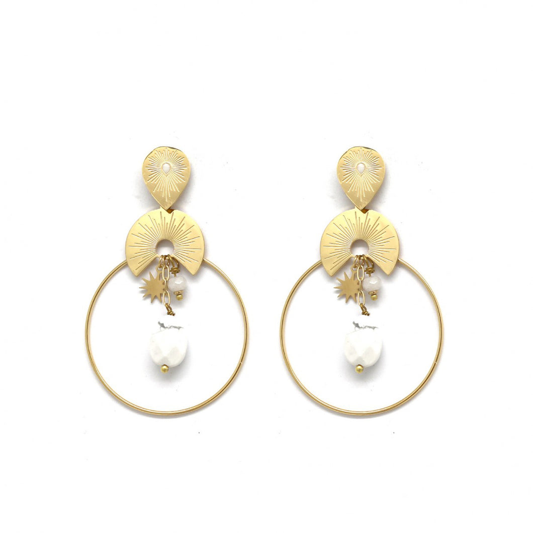 Circle 24K Gold Plated Howlite Dangle Earrings -French Flair Collection- E4-037