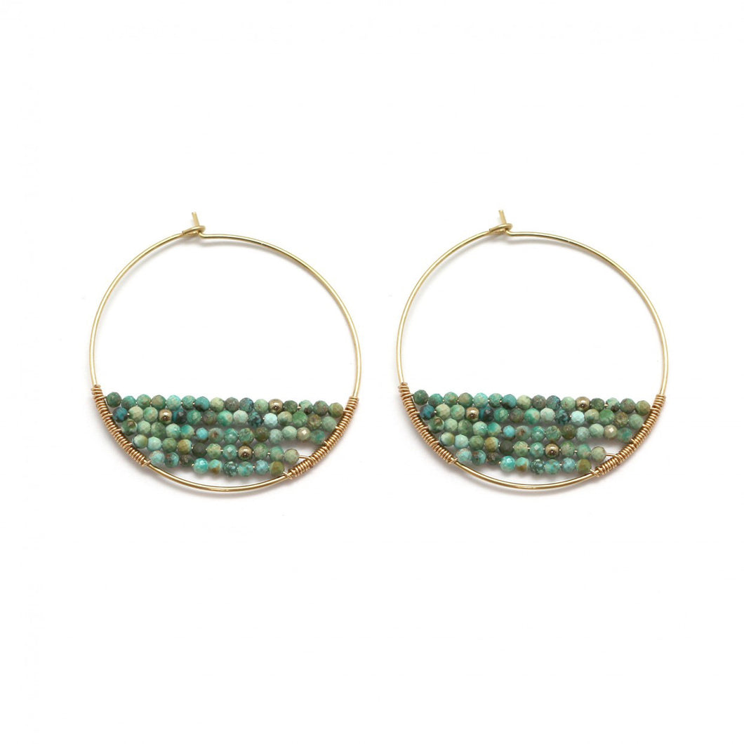 African Turquoise Stone Half Beaded Hoop Earrings -French Flair Collection- E4-044