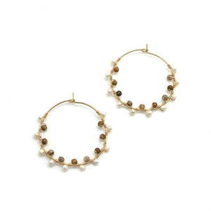 Hand Woven Freshwater Pearl and Jasper Hoop Earrings -French Flair Collection- E4-046