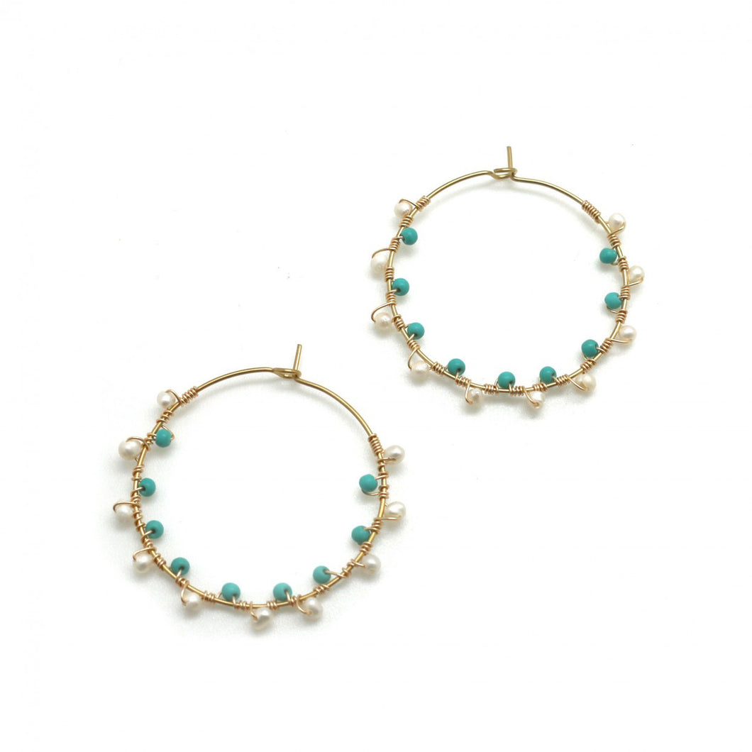 Hand Woven Freshwater Pearl and Turquoise Hoop Earrings -French Flair Collection- E4-047