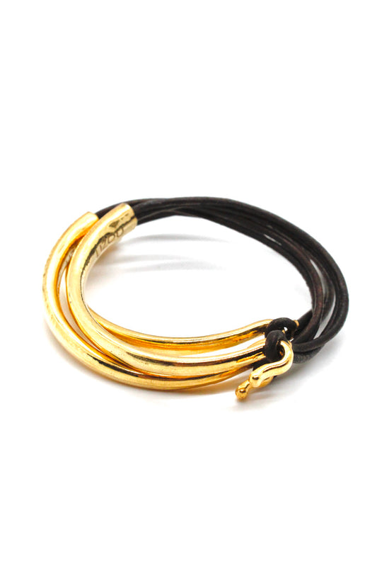Dark Brown Leather + 24K Gold Plate Bangle Bracelet